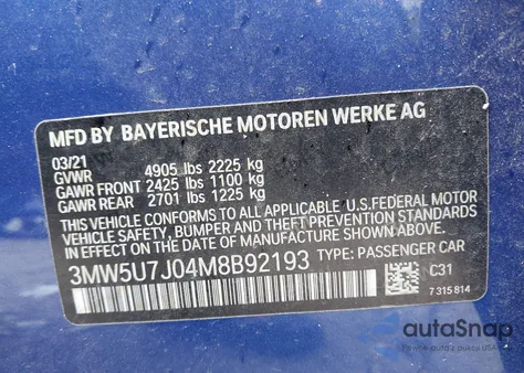 2021 BMW 3 Series M340I z USA, uszkodzony, nr VIN 3MW5U7J04M8B92193